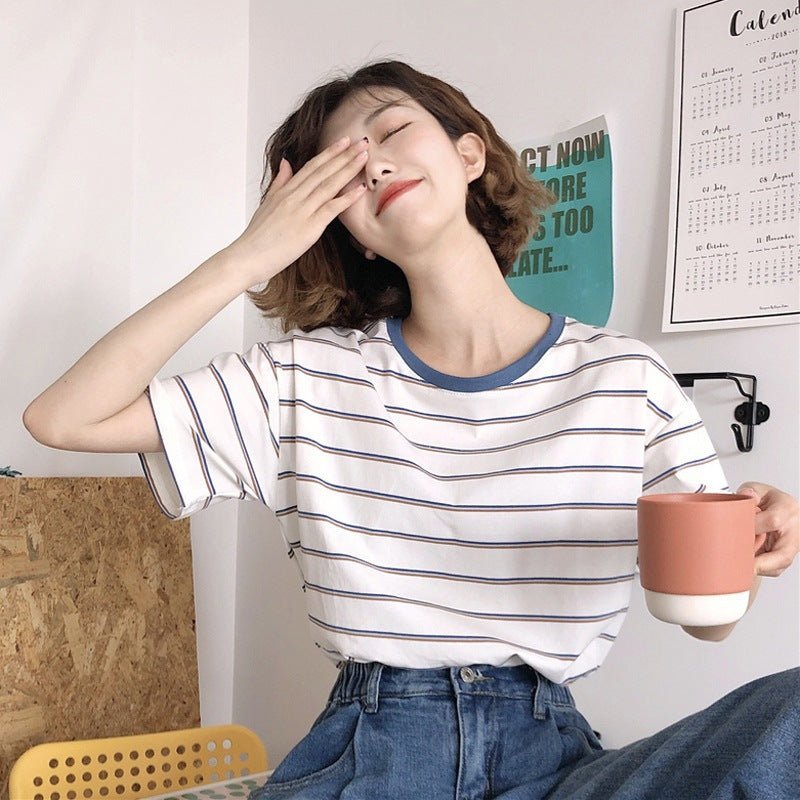 Academy Style Loose Slim Fit Striped Student Top Women's T-Shirt Casual Short Sleeve Tee - Outdoors & Sports Tinker Time