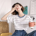 Academy Style Loose Slim Fit Striped Student Top Women's T-Shirt Casual Short Sleeve Tee - Outdoors & Sports Tinker Time