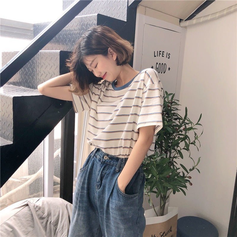Academy Style Loose Slim Fit Striped Student Top Women's T-Shirt Casual Short Sleeve Tee - Outdoors & Sports Tinker Time