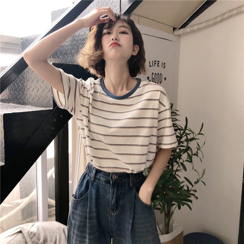 Academy Style Loose Slim Fit Striped Student Top Women's T-Shirt Casual Short Sleeve Tee - Outdoors & Sports Tinker Time