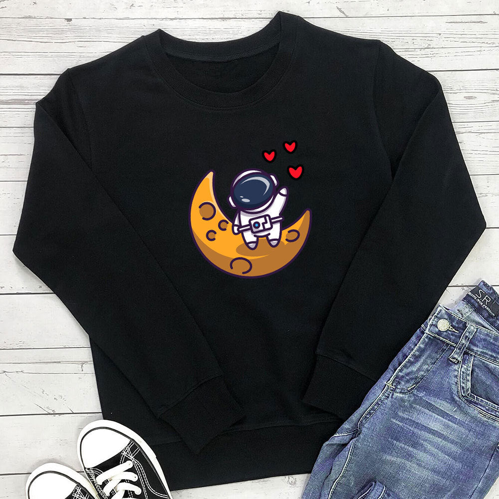 Astronaut Love Printed Round Neck Long Sleeve Hoodie - Outdoors & Sports Tinker Time
