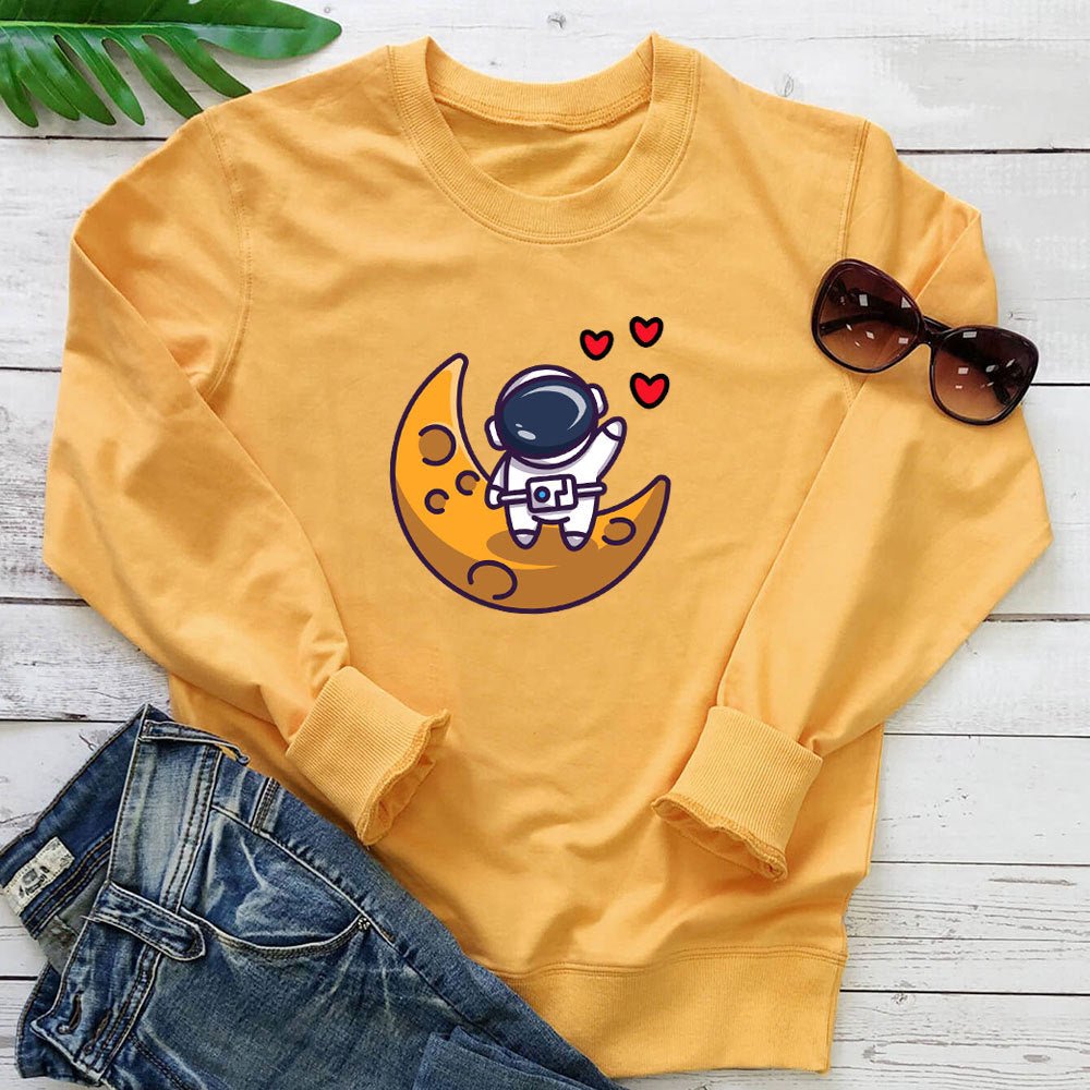 Astronaut Love Printed Round Neck Long Sleeve Hoodie - Outdoors & Sports Tinker Time