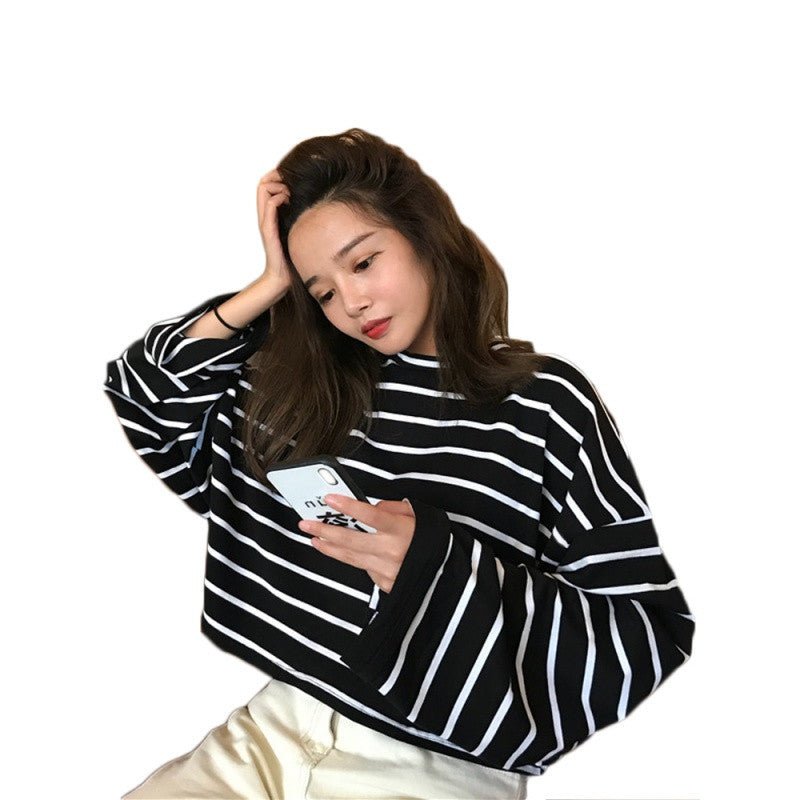 Black and White Stripe Long Sleeve Student Basic T-Shirt for Women, Loose Round Neck Casual Striped T-Shirt, Blended Cotton Material - Outdoors & Sports Tinker Time