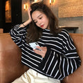 Black and White Stripe Long Sleeve Student Basic T-Shirt for Women, Loose Round Neck Casual Striped T-Shirt, Blended Cotton Material - Outdoors & Sports Tinker Time