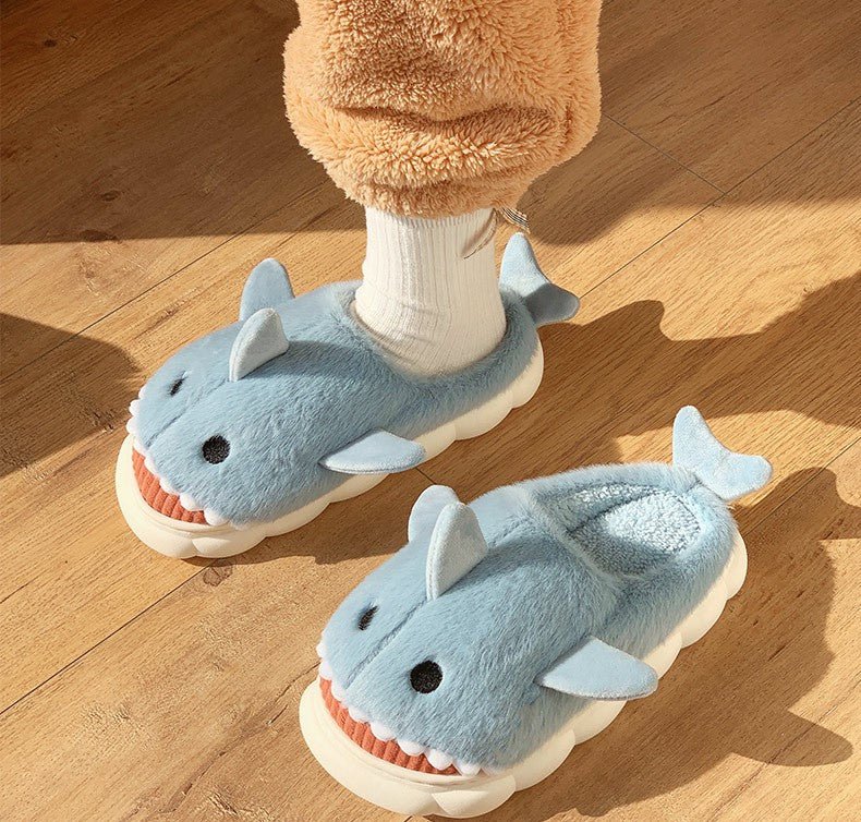 Cotton Slippers for Women Winter Shark Cartoon Cute Fleece Lined Thick Anti-Slip Quiet Indoor Warm Cotton Shoes - Outdoors & Sports Tinker Time