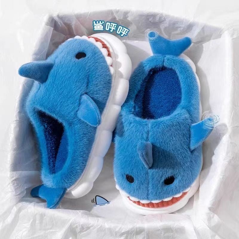 Cotton Slippers for Women Winter Shark Cartoon Cute Fleece Lined Thick Anti-Slip Quiet Indoor Warm Cotton Shoes - Outdoors & Sports Tinker Time