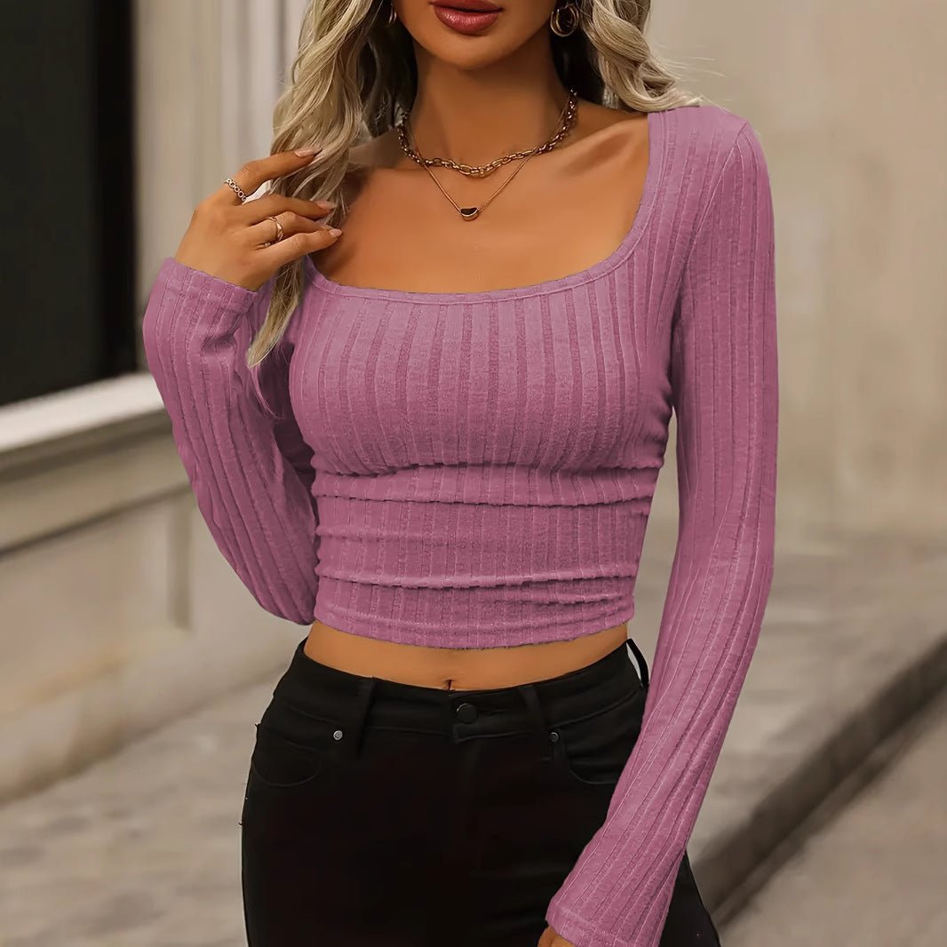 Daily Solid Color Fleece Ribbed Texture Knitted Pleated Side Slim Fit T-Shirt - Outdoors & Sports Tinker Time
