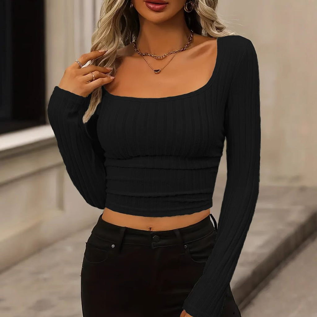 Daily Solid Color Fleece Ribbed Texture Knitted Pleated Side Slim Fit T-Shirt - Outdoors & Sports Tinker Time