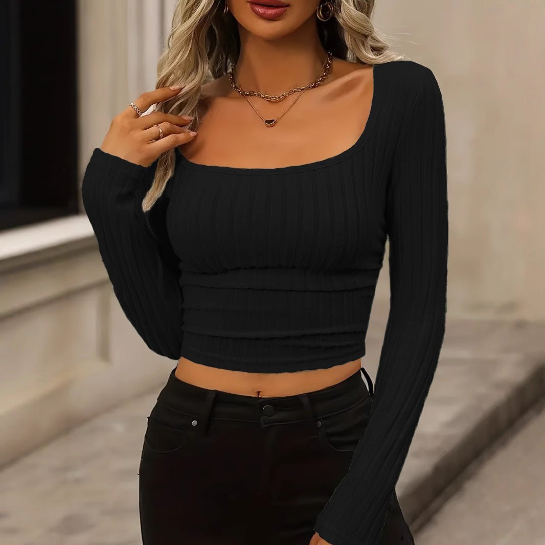 Daily Solid Color Fleece Ribbed Texture Knitted Pleated Side Slim Fit T-Shirt - Outdoors & Sports Tinker Time
