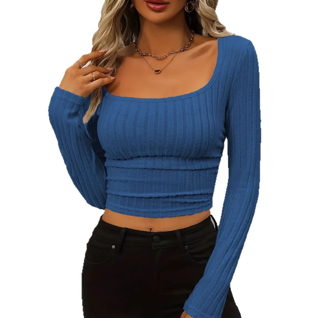 Daily Solid Color Fleece Ribbed Texture Knitted Pleated Side Slim Fit T-Shirt - Outdoors & Sports Tinker Time