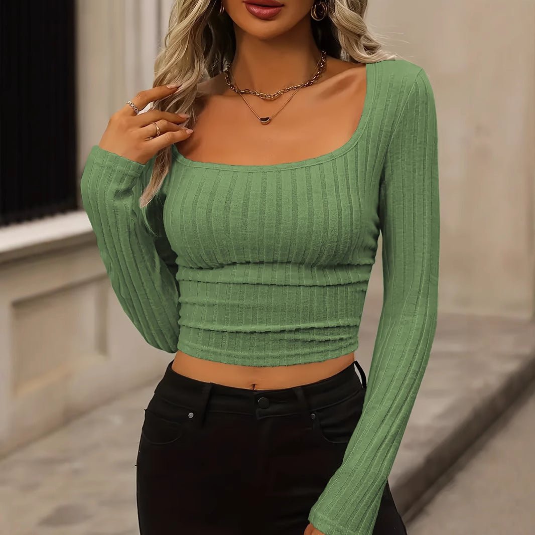 Daily Solid Color Fleece Ribbed Texture Knitted Pleated Side Slim Fit T-Shirt - Outdoors & Sports Tinker Time