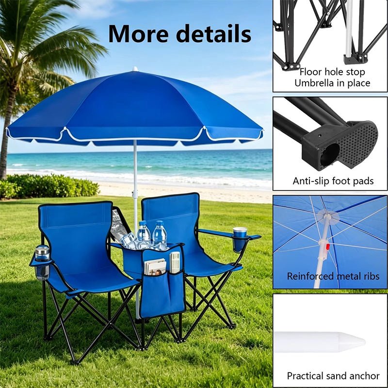 Double Camping Loveseat with Canopy – 600 lb Capacity, Cup Holders & Side Table, Foldable Outdoor Chair for Beach & Park - Outdoors & Sports Tinker Time