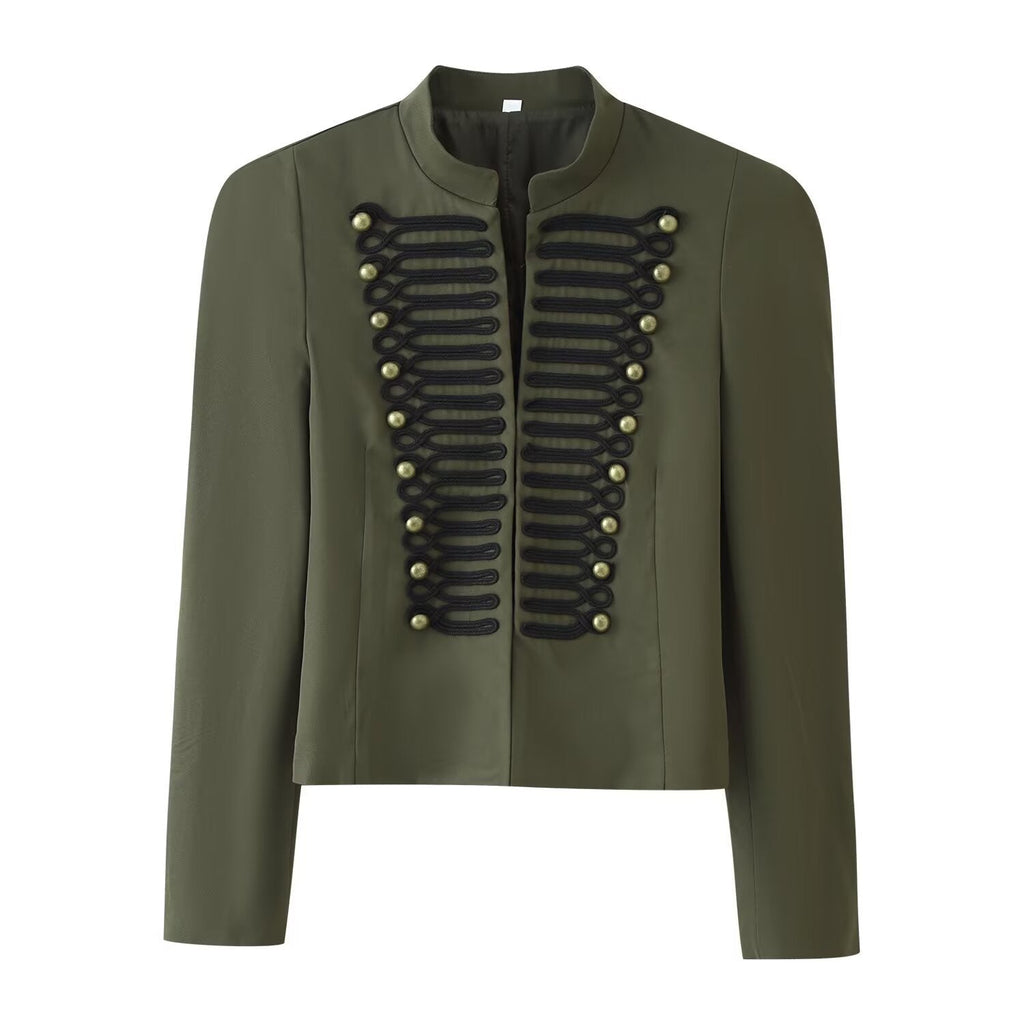 Embroidered knot button decoration long sleeved stand up collar jacket for women - Outdoors & Sports Tinker Time