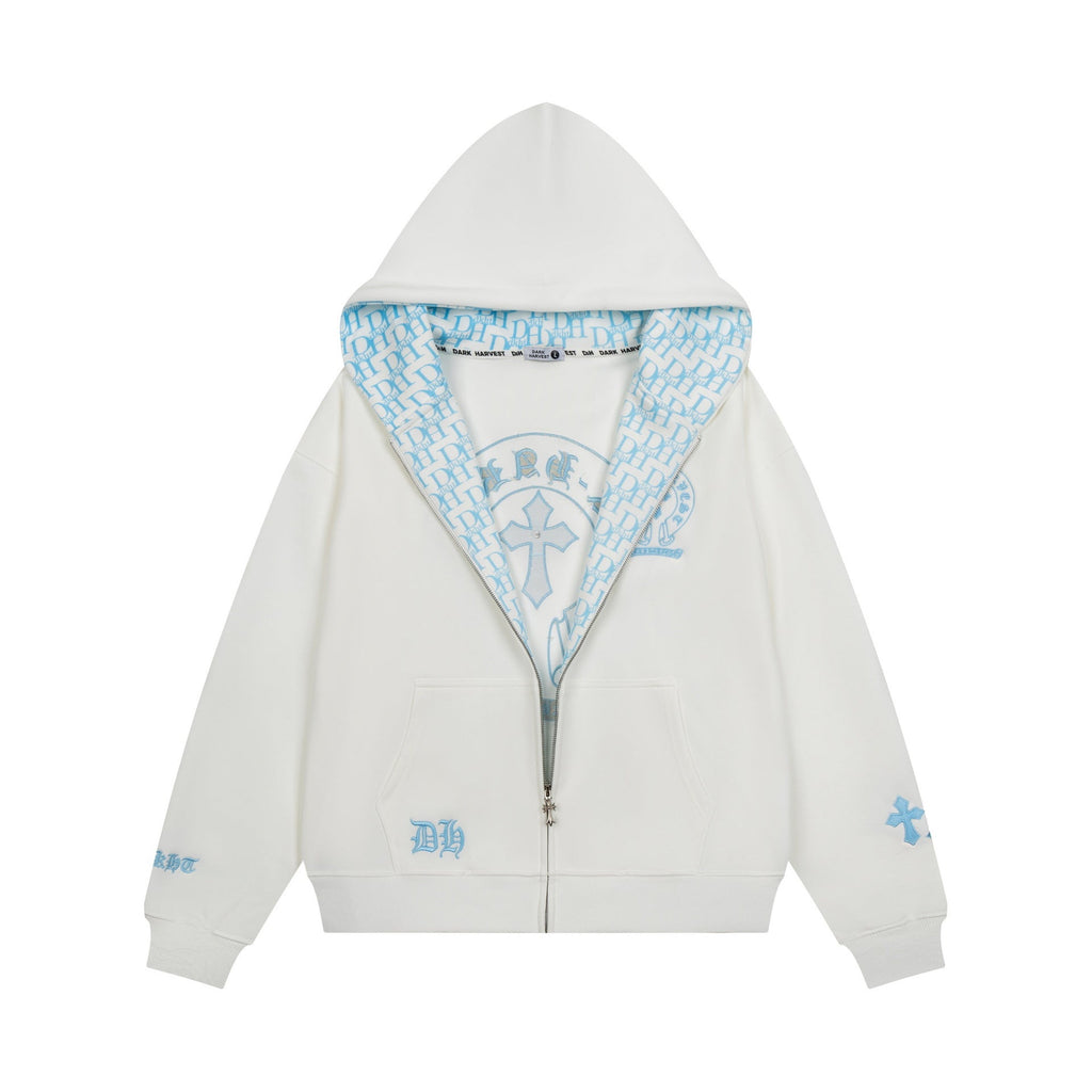 Embroidery Full Zip Hooded Color Block Loose Fit Zip Up Jacket - Outdoors & Sports Tinker Time