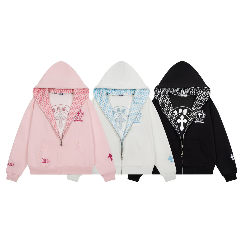Embroidery Full Zip Hooded Color Block Loose Fit Zip Up Jacket - Outdoors & Sports Tinker Time