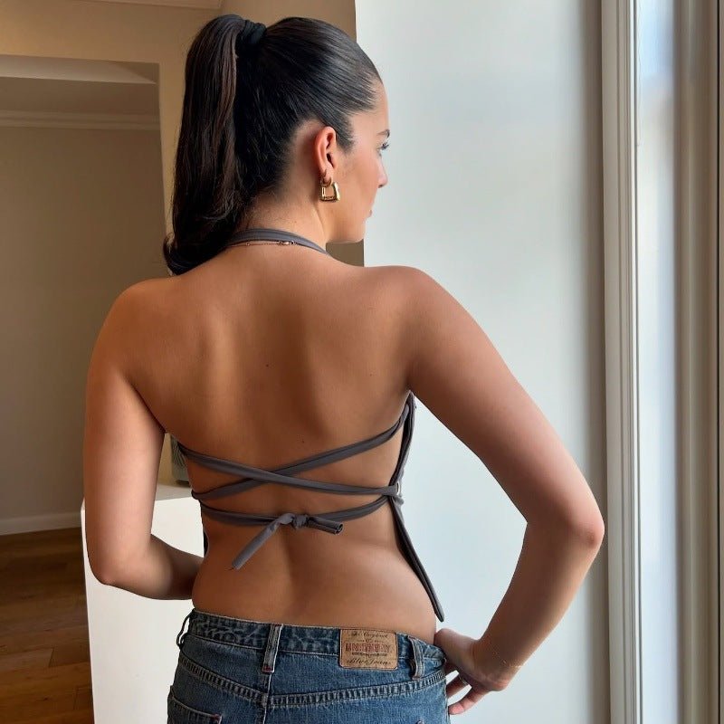 European and American Style Women's Fashion Sexy Deep Back Fitted Solid Color Short Length Halter Top - Outdoors & Sports Tinker Time