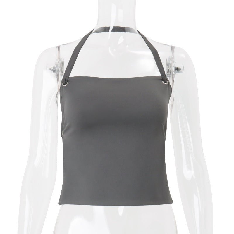 European and American Style Women's Fashion Sexy Deep Back Fitted Solid Color Short Length Halter Top - Outdoors & Sports Tinker Time