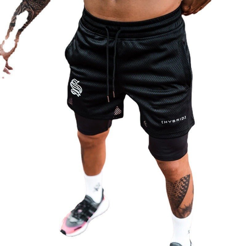 European and American Trendy Sports Double Layer Shorts For Mens Training Fake Two Piece Basketball Running Fitness Capris - Outdoors & Sports Tinker Time