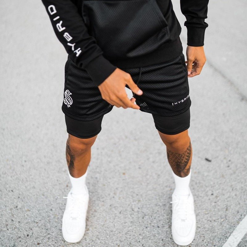 European and American Trendy Sports Double Layer Shorts For Mens Training Fake Two Piece Basketball Running Fitness Capris - Outdoors & Sports Tinker Time
