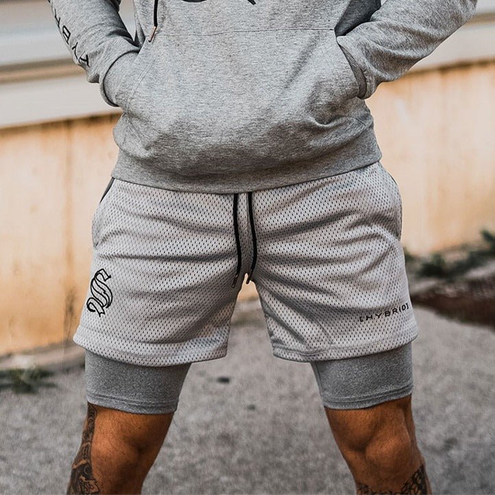 European and American Trendy Sports Double Layer Shorts For Mens Training Fake Two Piece Basketball Running Fitness Capris - Outdoors & Sports Tinker Time