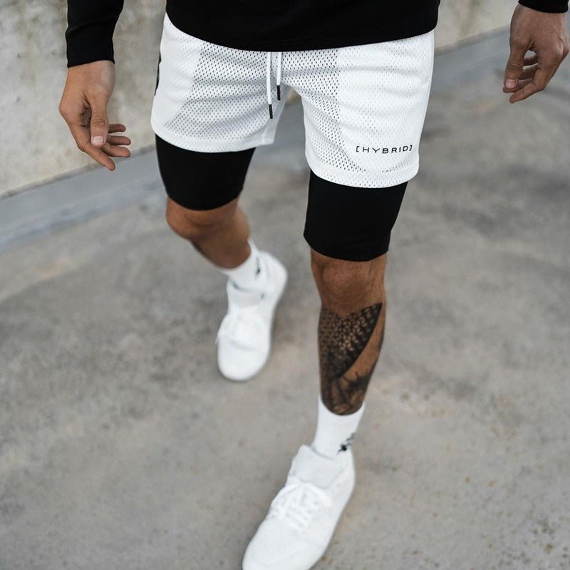 European and American Trendy Sports Double Layer Shorts For Mens Training Fake Two Piece Basketball Running Fitness Capris - Outdoors & Sports Tinker Time
