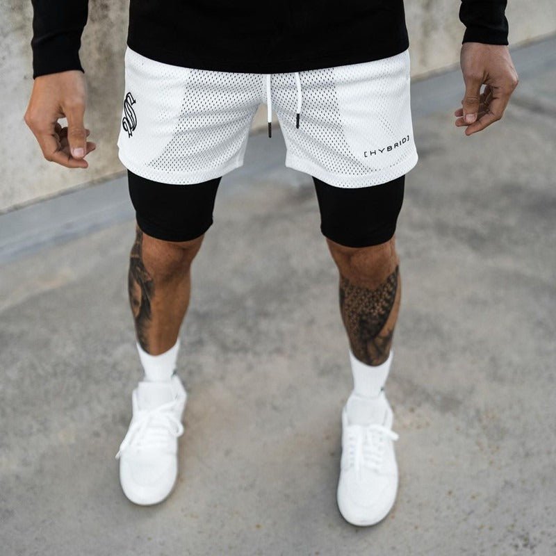 European and American Trendy Sports Double Layer Shorts For Mens Training Fake Two Piece Basketball Running Fitness Capris - Outdoors & Sports Tinker Time