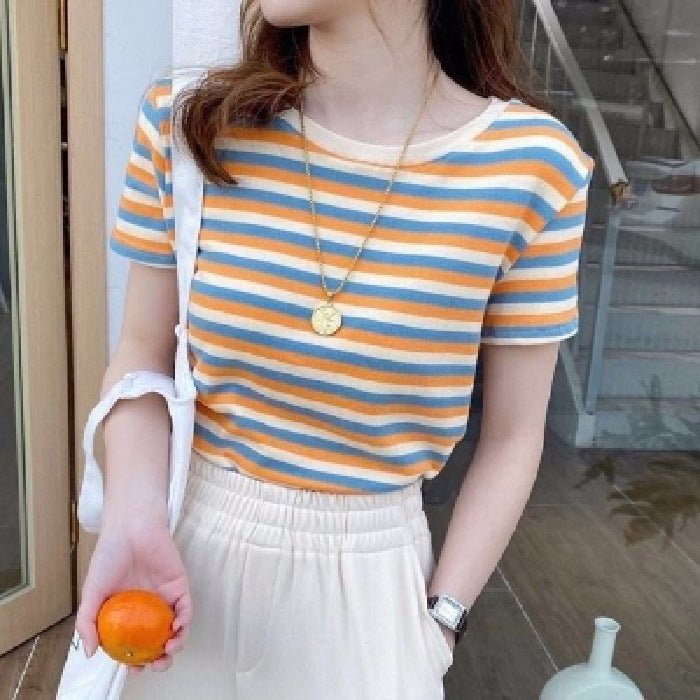 Fashion Stripe Short Sleeve T-Shirt Women Slim Fit Casual Top Student Basic Tee - Outdoors & Sports Tinker Time