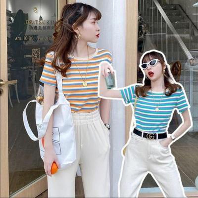 Fashion Stripe Short Sleeve T-Shirt Women Slim Fit Casual Top Student Basic Tee - Outdoors & Sports Tinker Time