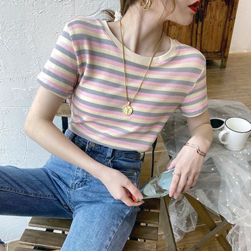 Fashion Stripe Short Sleeve T-Shirt Women Slim Fit Casual Top Student Basic Tee - Outdoors & Sports Tinker Time