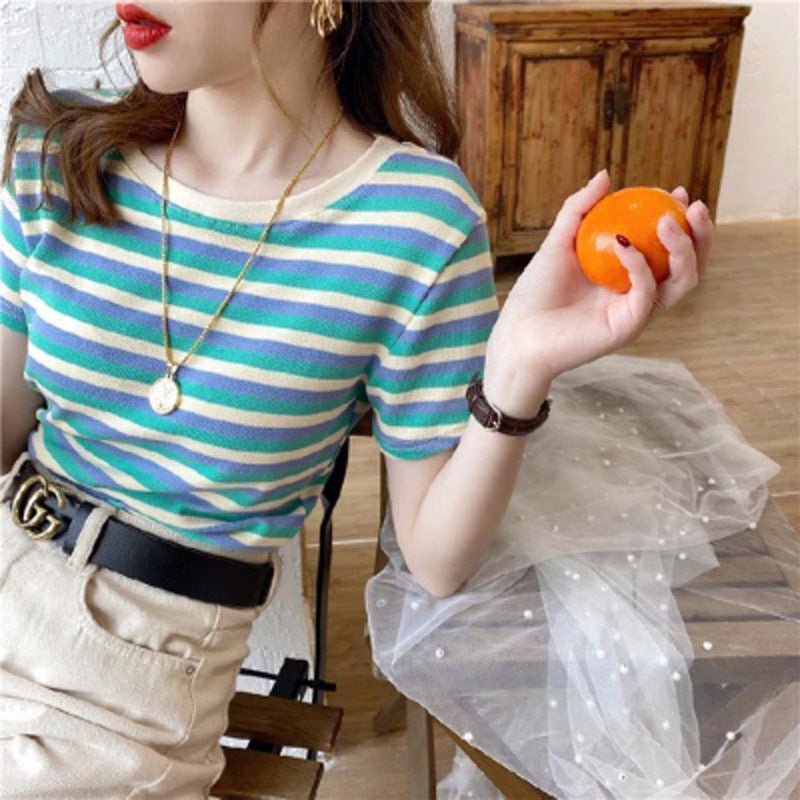 Fashion Stripe Short Sleeve T-Shirt Women Slim Fit Casual Top Student Basic Tee - Outdoors & Sports Tinker Time