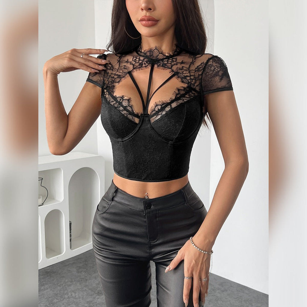 Fishbone steel ring round neck exposed navel solid color sexy top - Outdoors & Sports Tinker Time