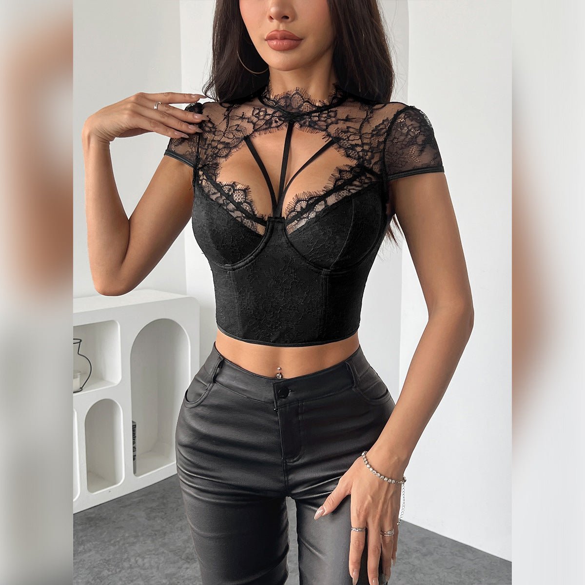 Fishbone steel ring round neck exposed navel solid color sexy top - Outdoors & Sports Tinker Time