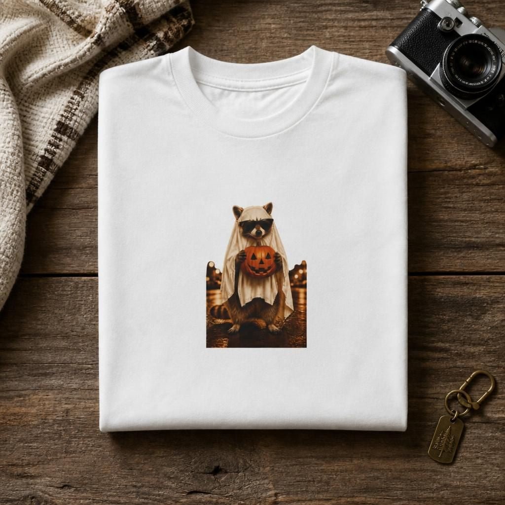 Ghost Raccoon Holding Jack-O'-Lantern T-Shirt - Outdoors & Sports Tinker Time