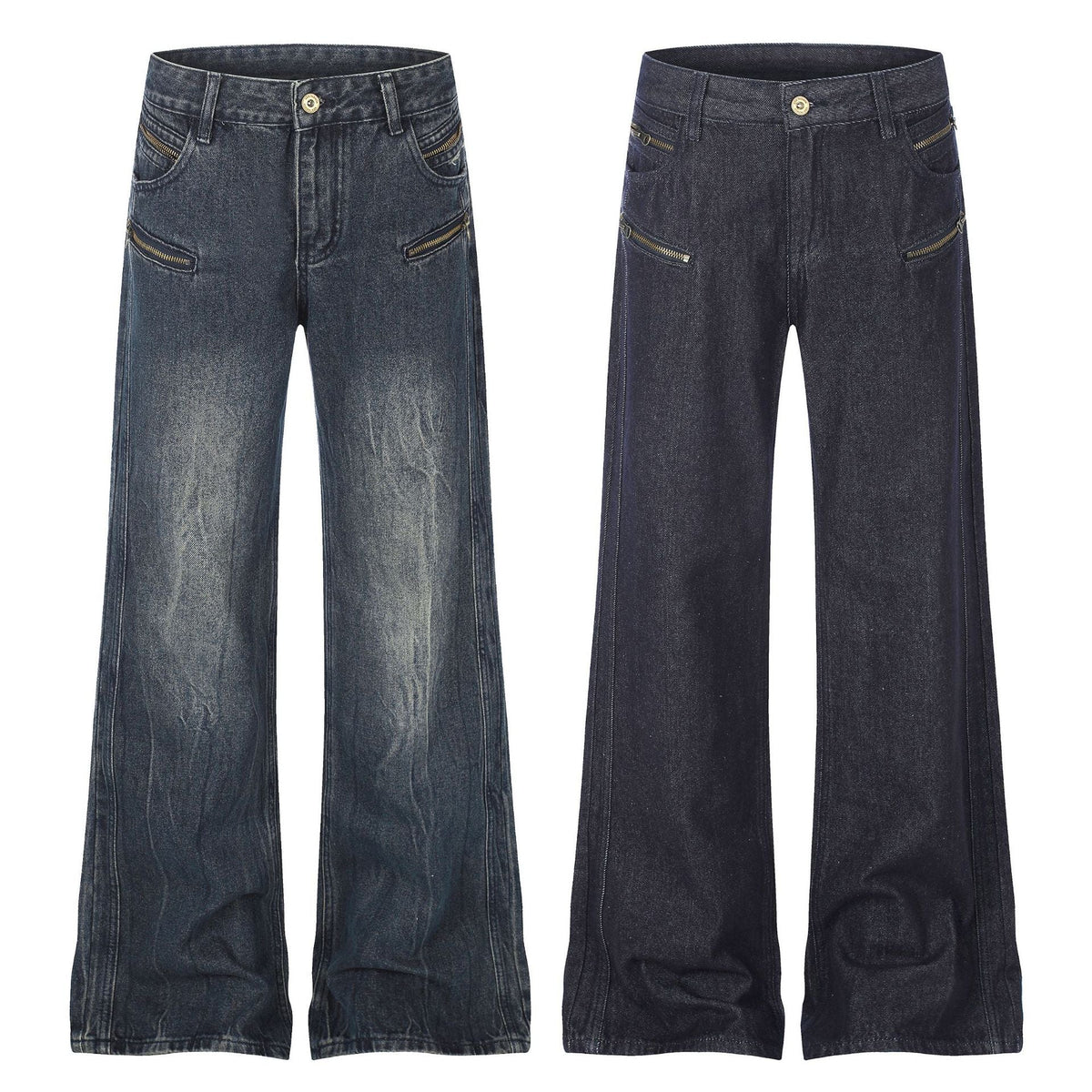 High Street Distressed Washed Denim Micro Flare Jeans with Multi-Zipper Detail - Outdoors & Sports Tinker Time