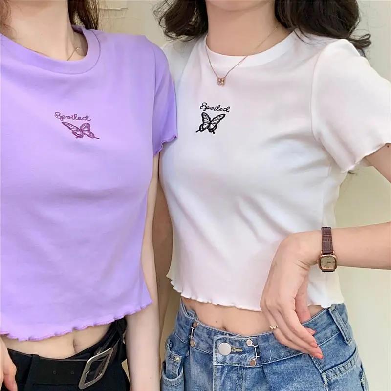 High Waist Crop Top Women's Slim Fit Stretchy Versatile Butterfly Embroidery Short Sleeve T-Shirt - Outdoors & Sports Tinker Time