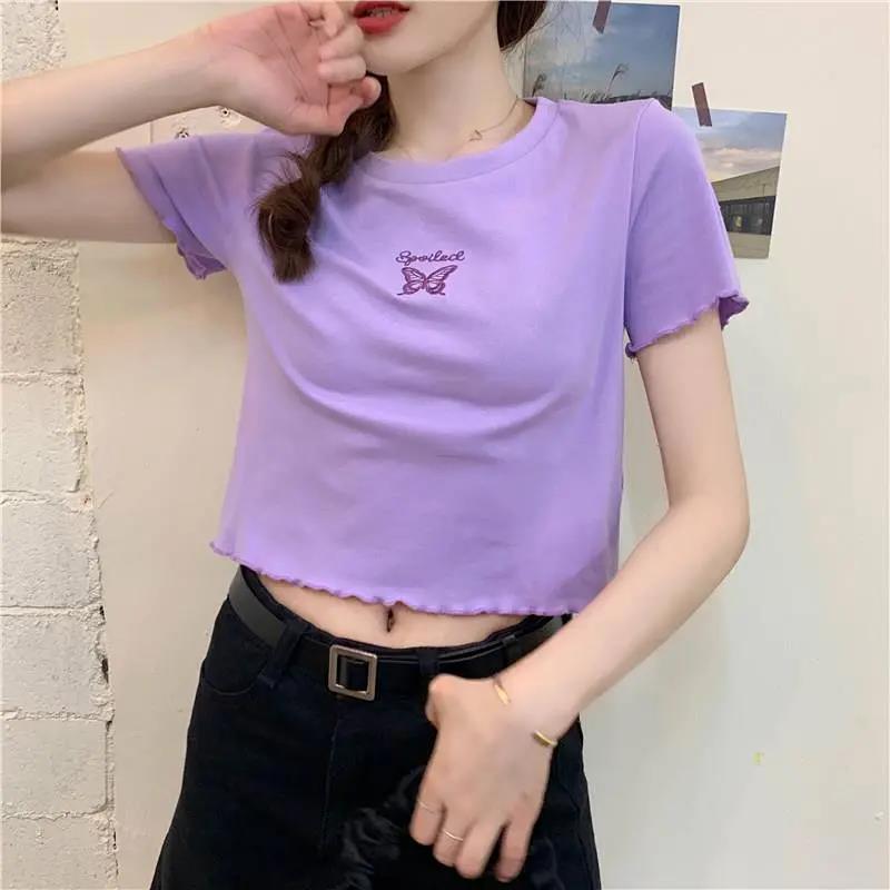 High Waist Crop Top Women's Slim Fit Stretchy Versatile Butterfly Embroidery Short Sleeve T-Shirt - Outdoors & Sports Tinker Time