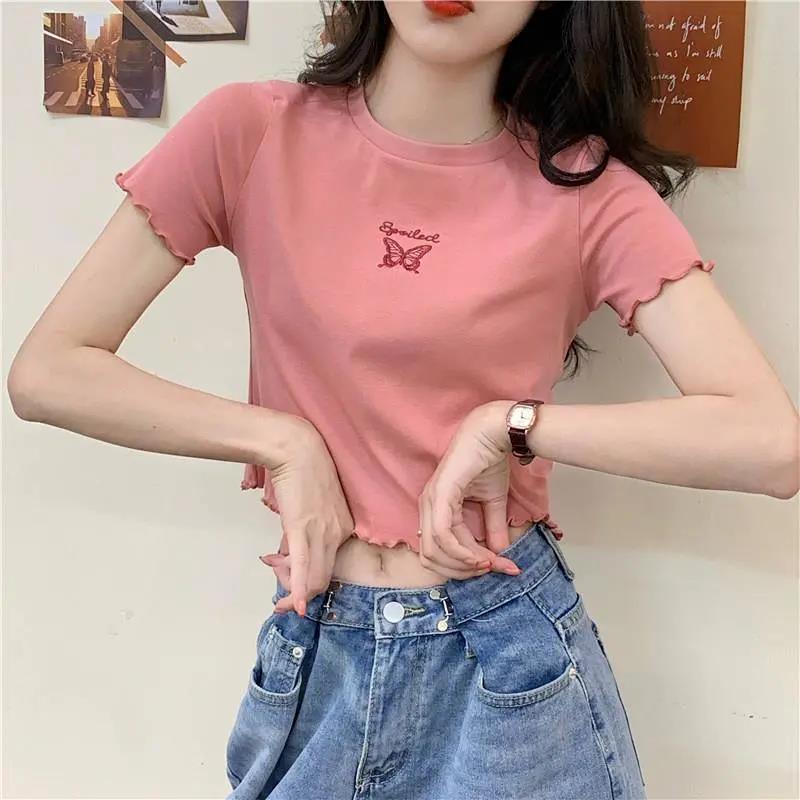 High Waist Crop Top Women's Slim Fit Stretchy Versatile Butterfly Embroidery Short Sleeve T-Shirt - Outdoors & Sports Tinker Time