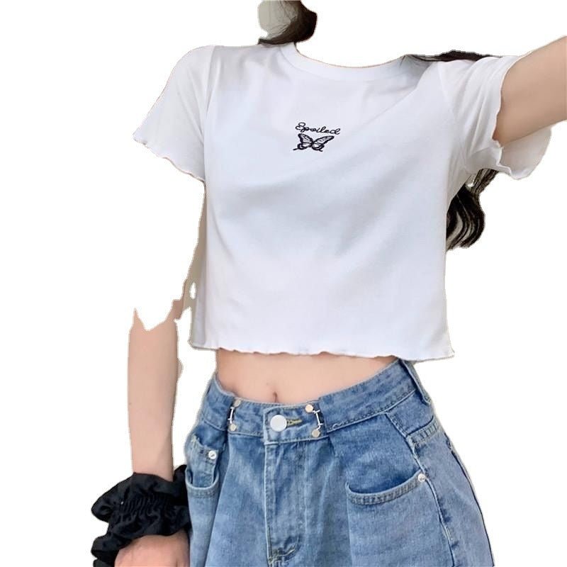 High Waist Crop Top Women's Slim Fit Stretchy Versatile Butterfly Embroidery Short Sleeve T-Shirt - Outdoors & Sports Tinker Time