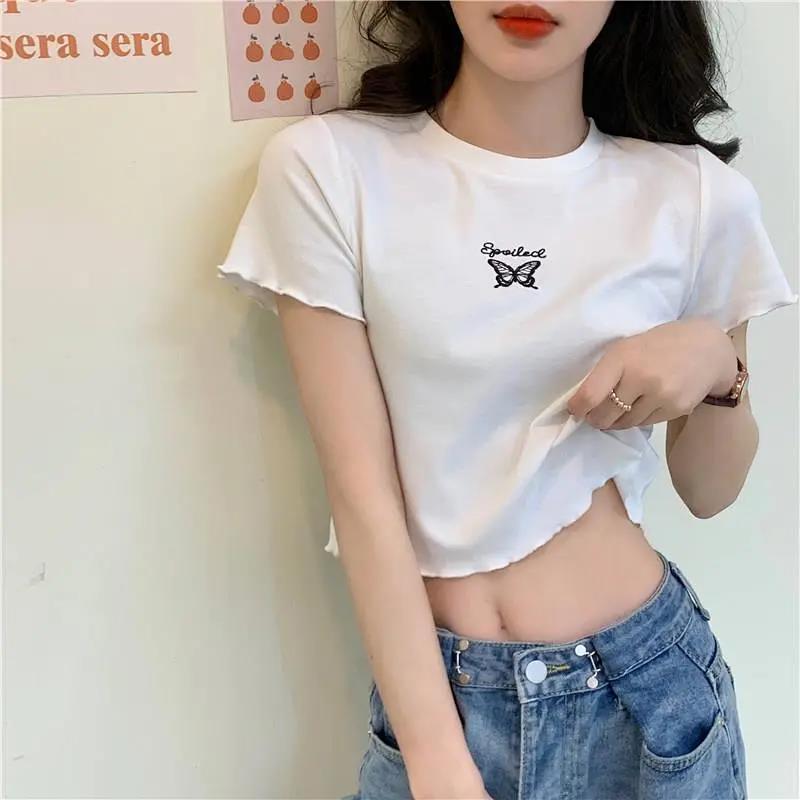 High Waist Crop Top Women's Slim Fit Stretchy Versatile Butterfly Embroidery Short Sleeve T-Shirt - Outdoors & Sports Tinker Time