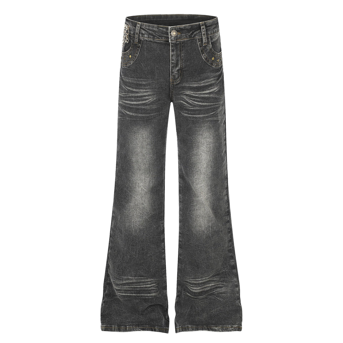 High Waist Denim Flare Jeans with Leopard Patchwork - Outdoors & Sports Tinker Time