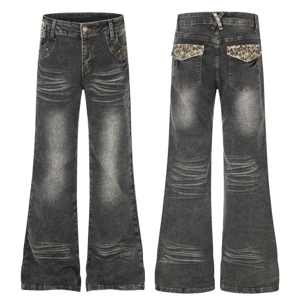 High Waist Denim Flare Jeans with Leopard Patchwork - Outdoors & Sports Tinker Time