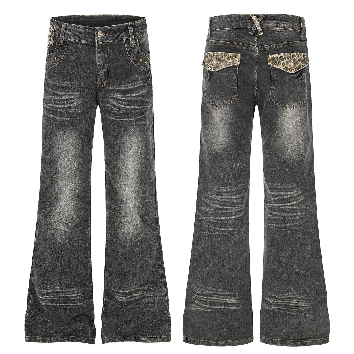 High Waist Denim Flare Jeans with Leopard Patchwork - Outdoors & Sports Tinker Time