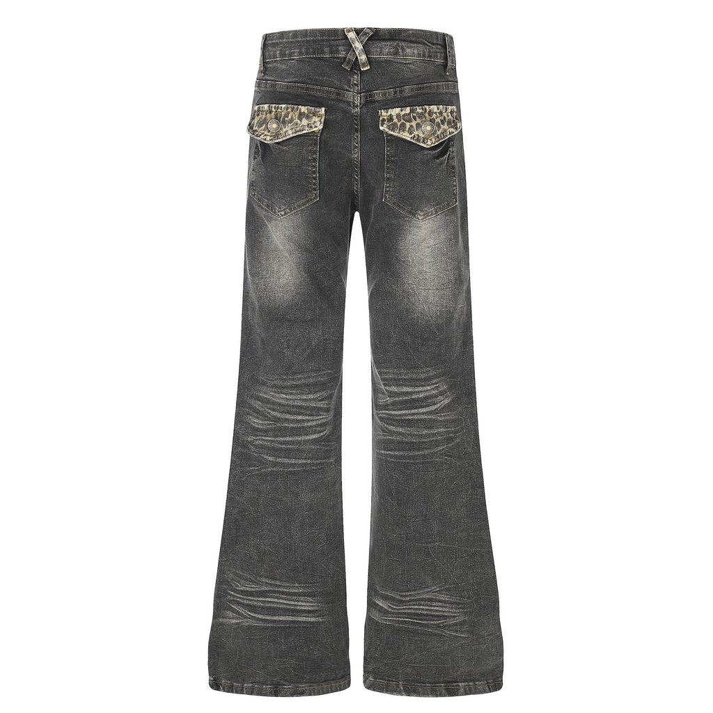 High Waist Denim Flare Jeans with Leopard Patchwork - Outdoors & Sports Tinker Time