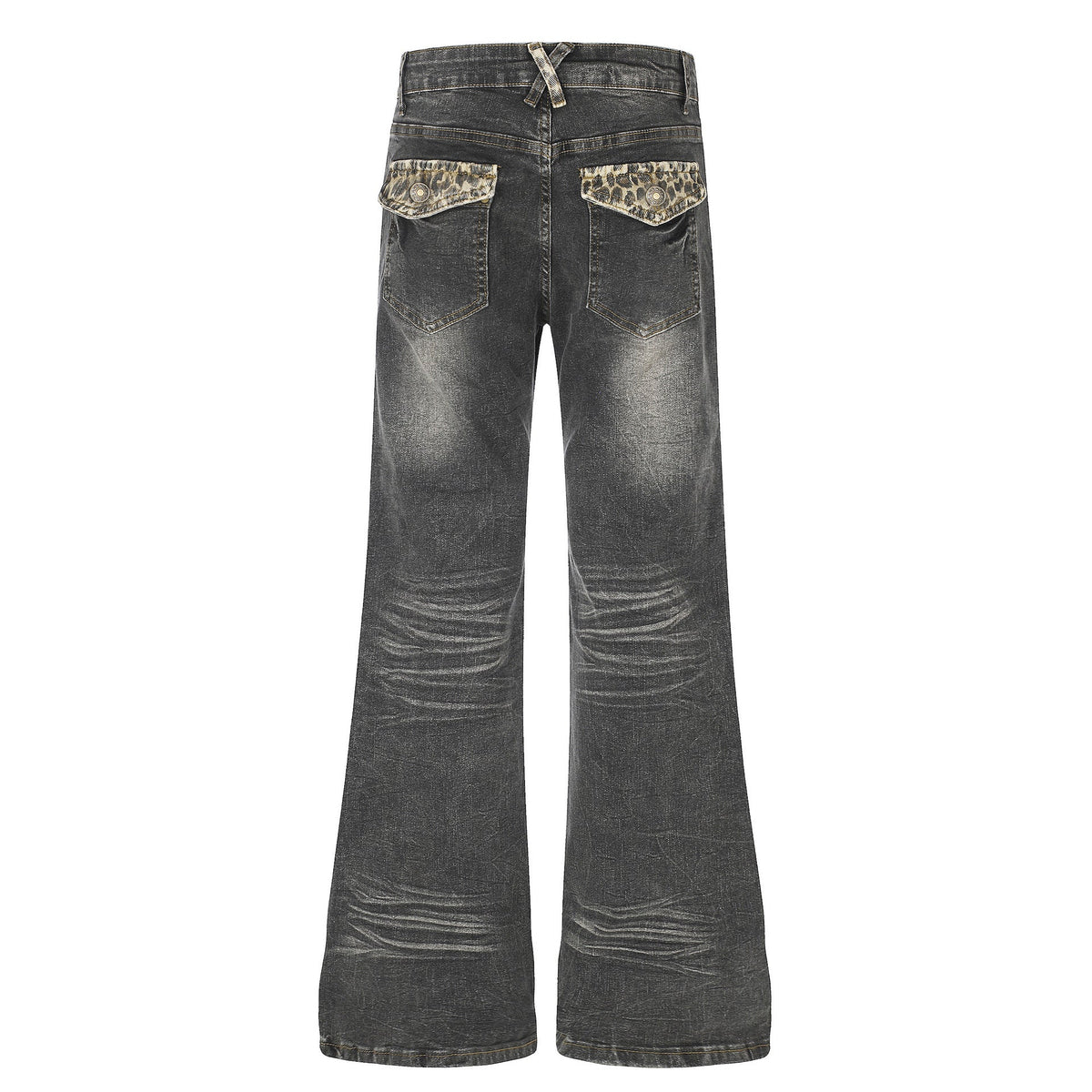 High Waist Denim Flare Jeans with Leopard Patchwork - Outdoors & Sports Tinker Time