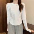 Irregular Patchwork White Long Sleeve T-Shirt for Women, Spring Fitted Curved Hem Top - Outdoors & Sports Tinker Time