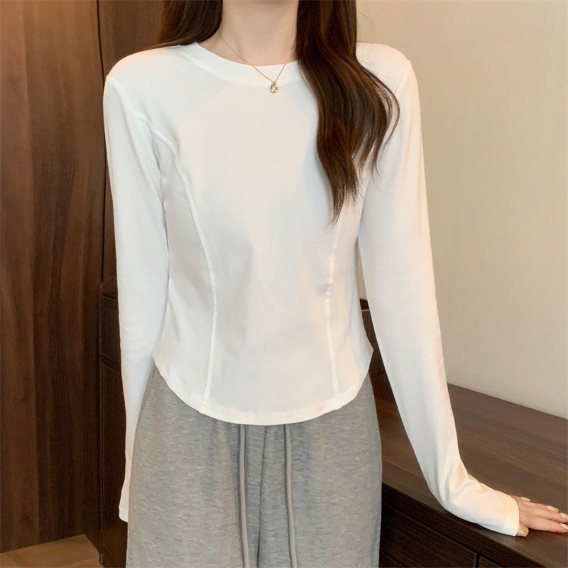 Irregular Patchwork White Long Sleeve T-Shirt for Women, Spring Fitted Curved Hem Top - Outdoors & Sports Tinker Time