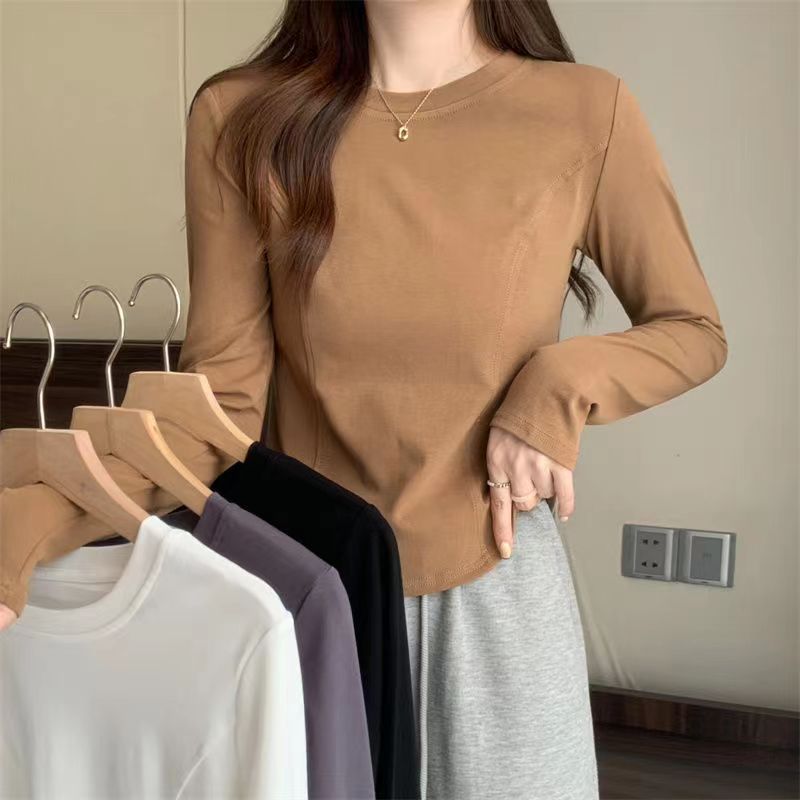Irregular Patchwork White Long Sleeve T-Shirt for Women, Spring Fitted Curved Hem Top - Outdoors & Sports Tinker Time