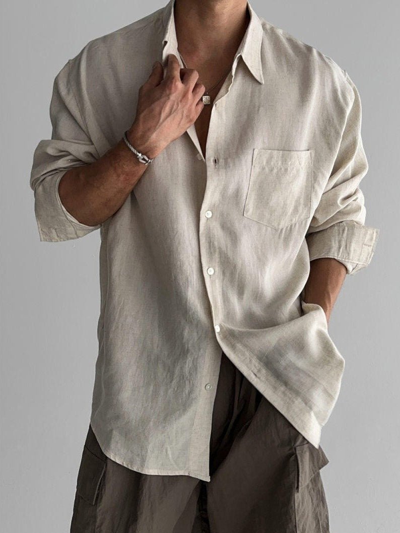 Italian Style Long Sleeve Linen Cotton Blend Business Casual Shirt - Outdoors & Sports Tinker Time