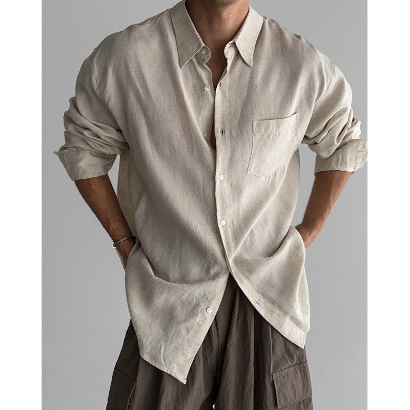 Italian Style Long Sleeve Linen Cotton Blend Business Casual Shirt - Outdoors & Sports Tinker Time