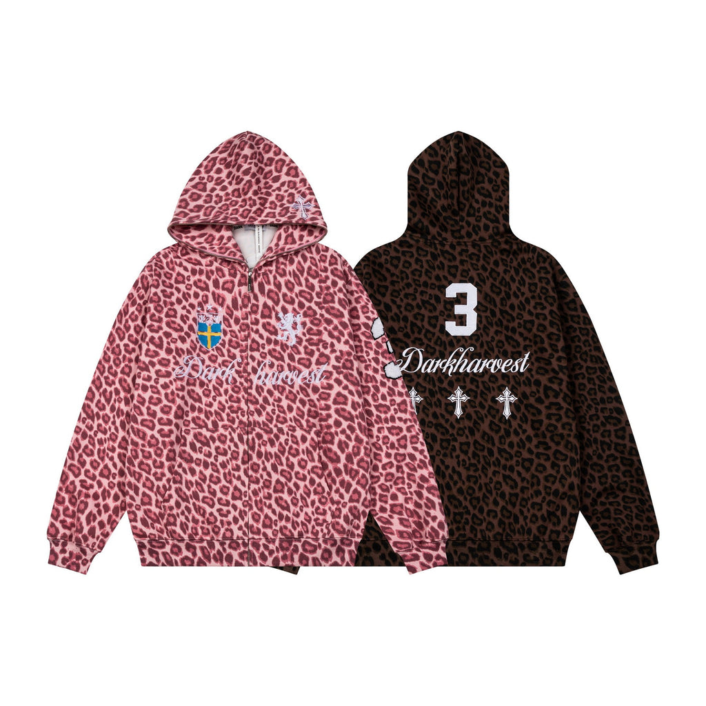 Leopard Print Zip Up Hooded Loose Drop Shoulder Casual Jacket - Outdoors & Sports Tinker Time